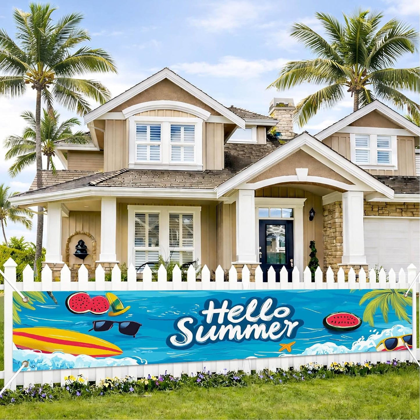 Cartel Hello Summer 118x20" decoración fiesta piscina playa