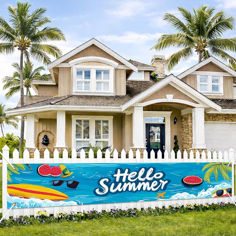Cartel Hello Summer 118x20" decoración fiesta piscina playa