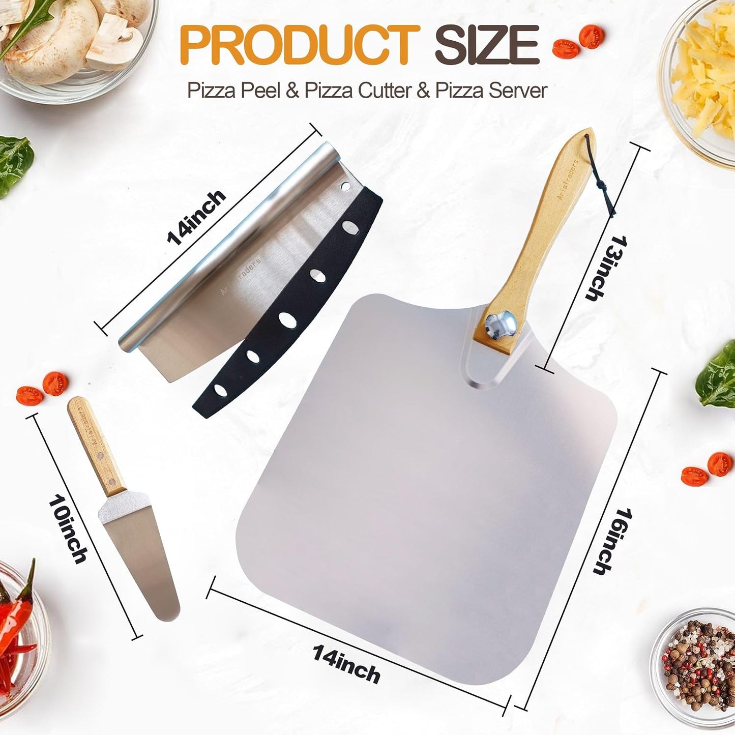 Pala pizza aluminio 16pulg con cortador y servidor 10pulg