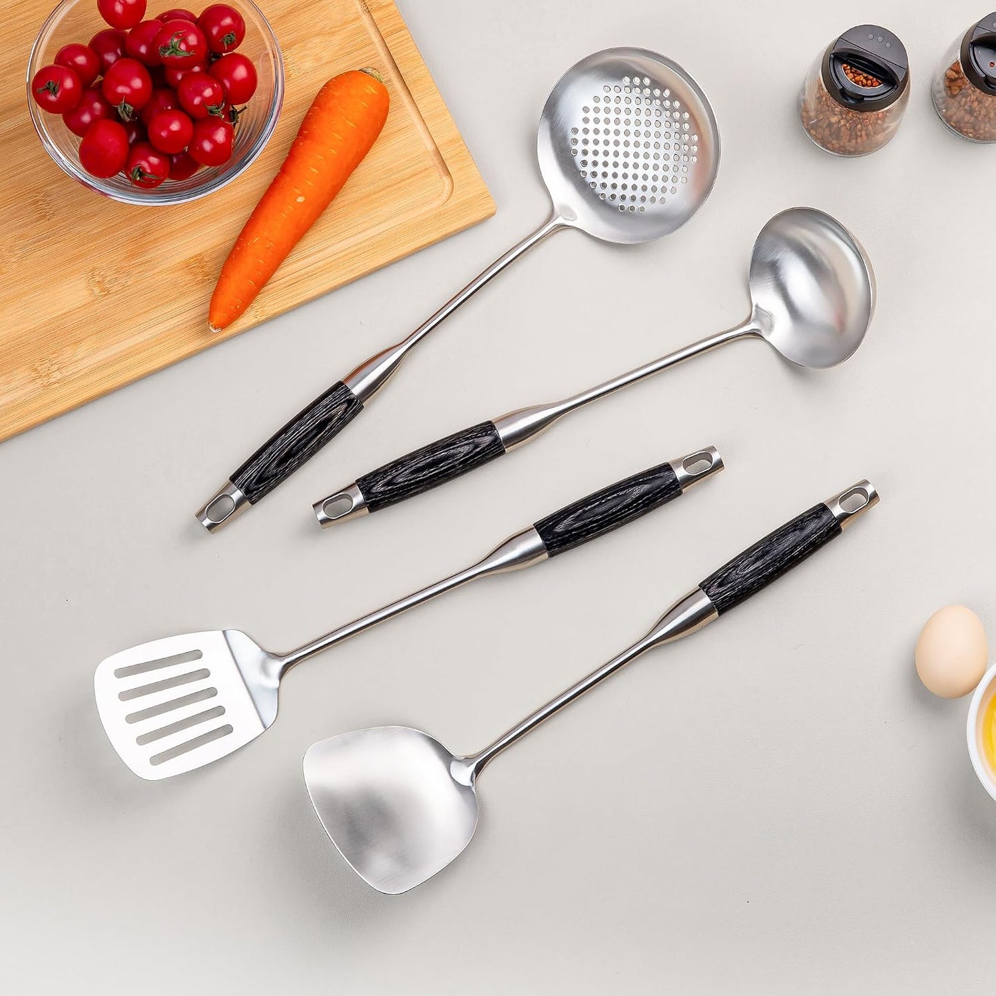 Set 4 Espátulas Wok Acero Inox con Mango Madera