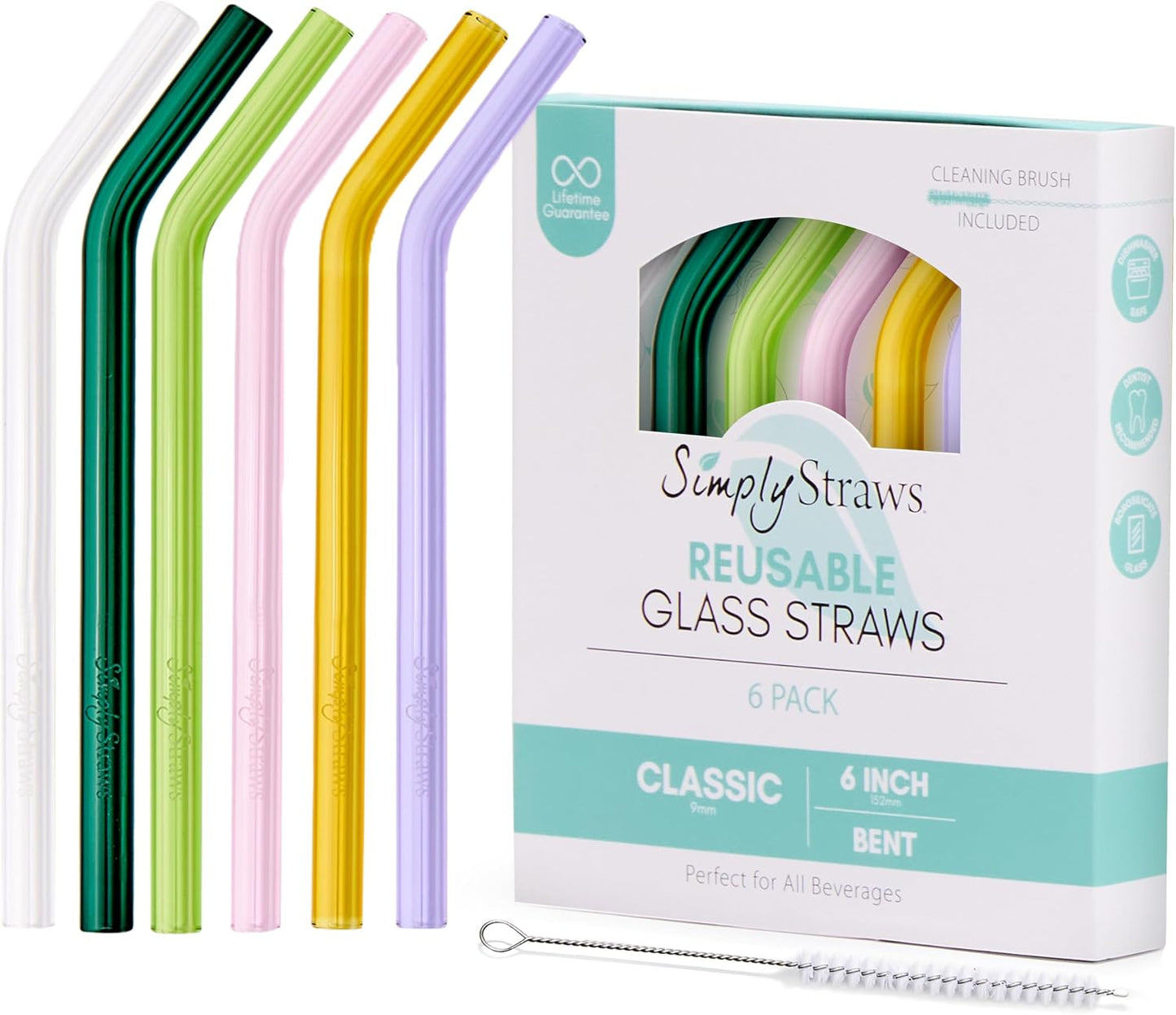 Pajitas vidrio curvadas 6pulg set 6 reutilizables con cepillo