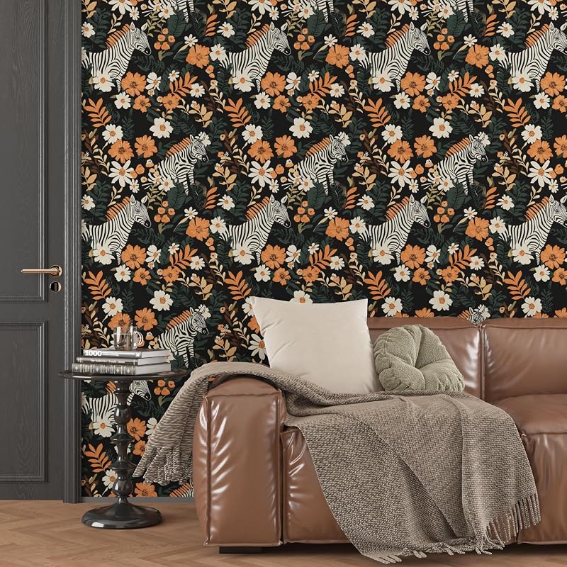 Papel pintado autoadhesivo jungla cebra naranja y negro