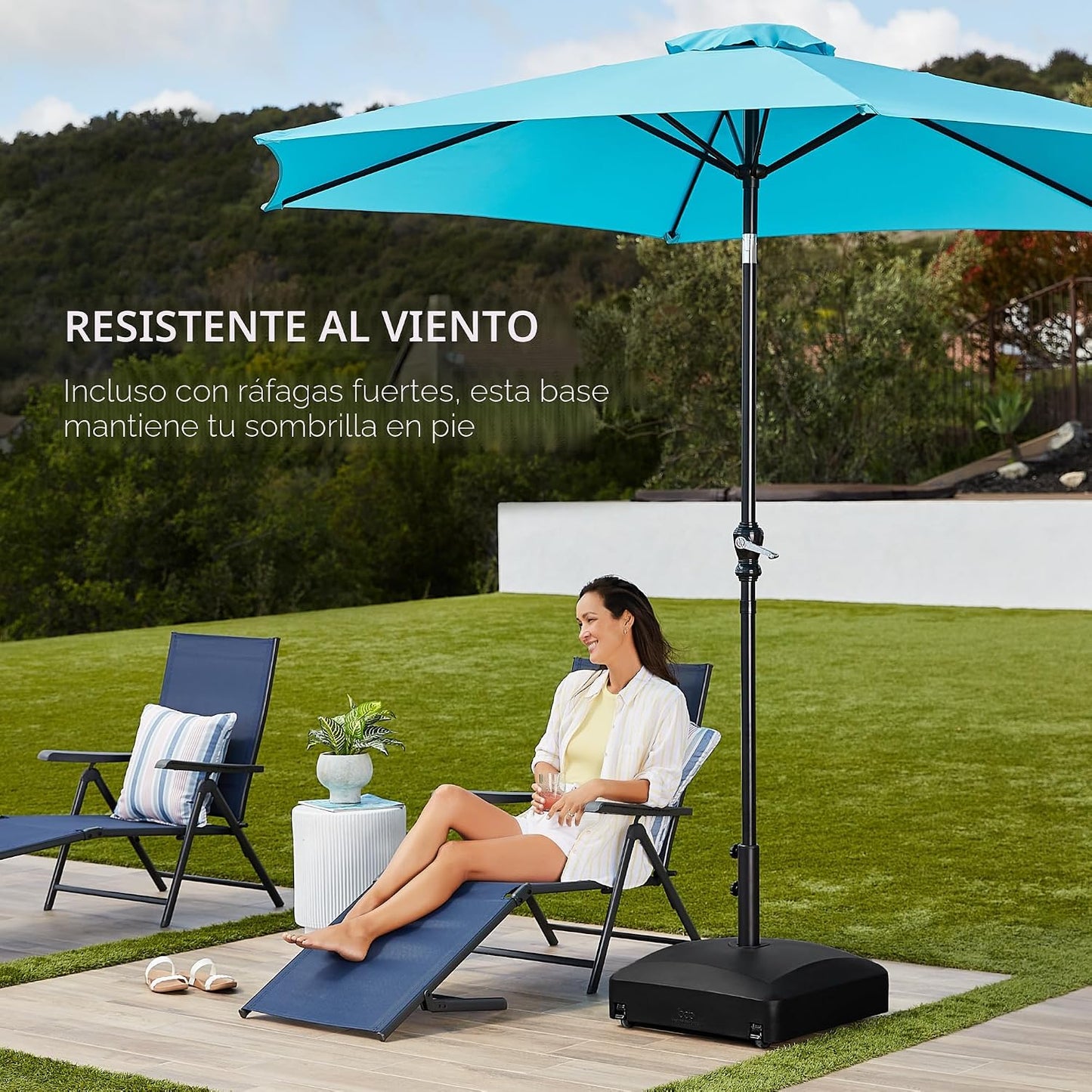 Base sombrilla rellenable 123 lb con 4 ruedas y seguros