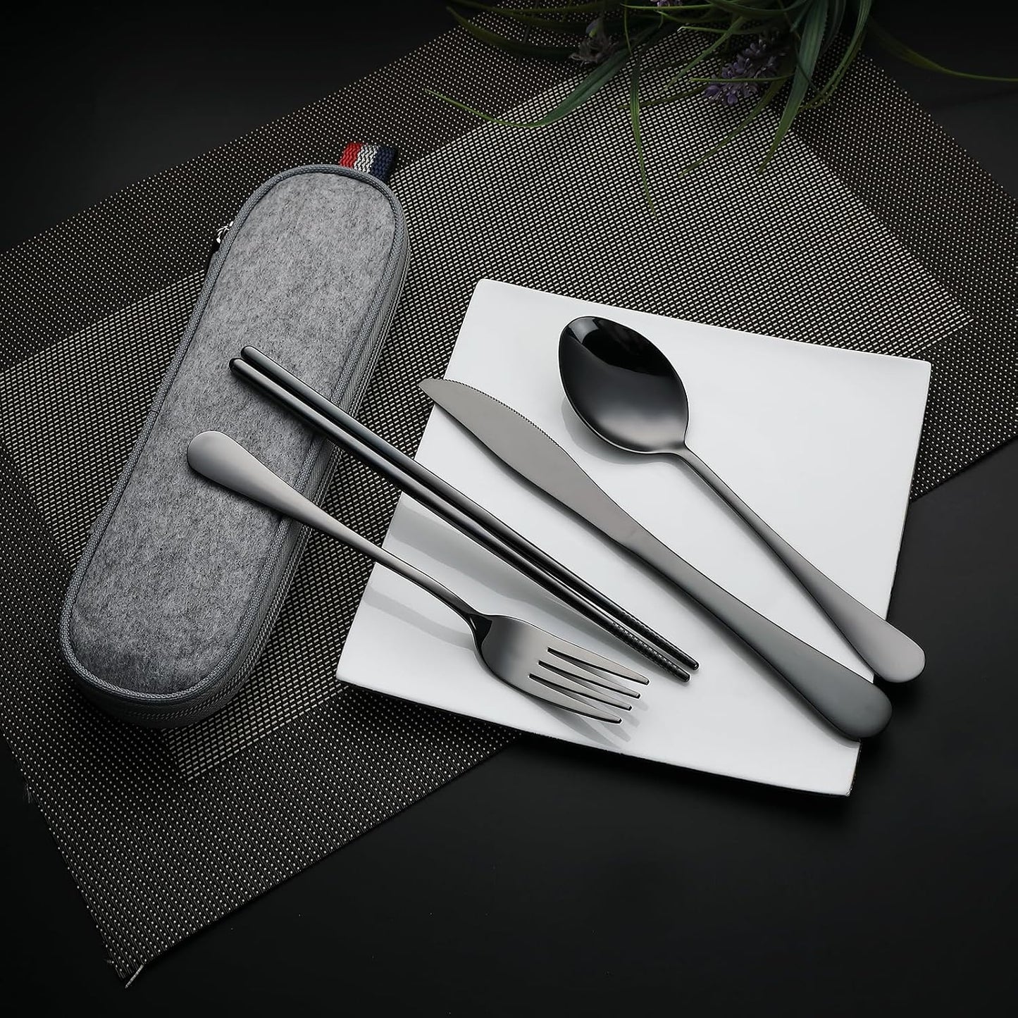 Juego cubiertos acero inox completo con funda negro