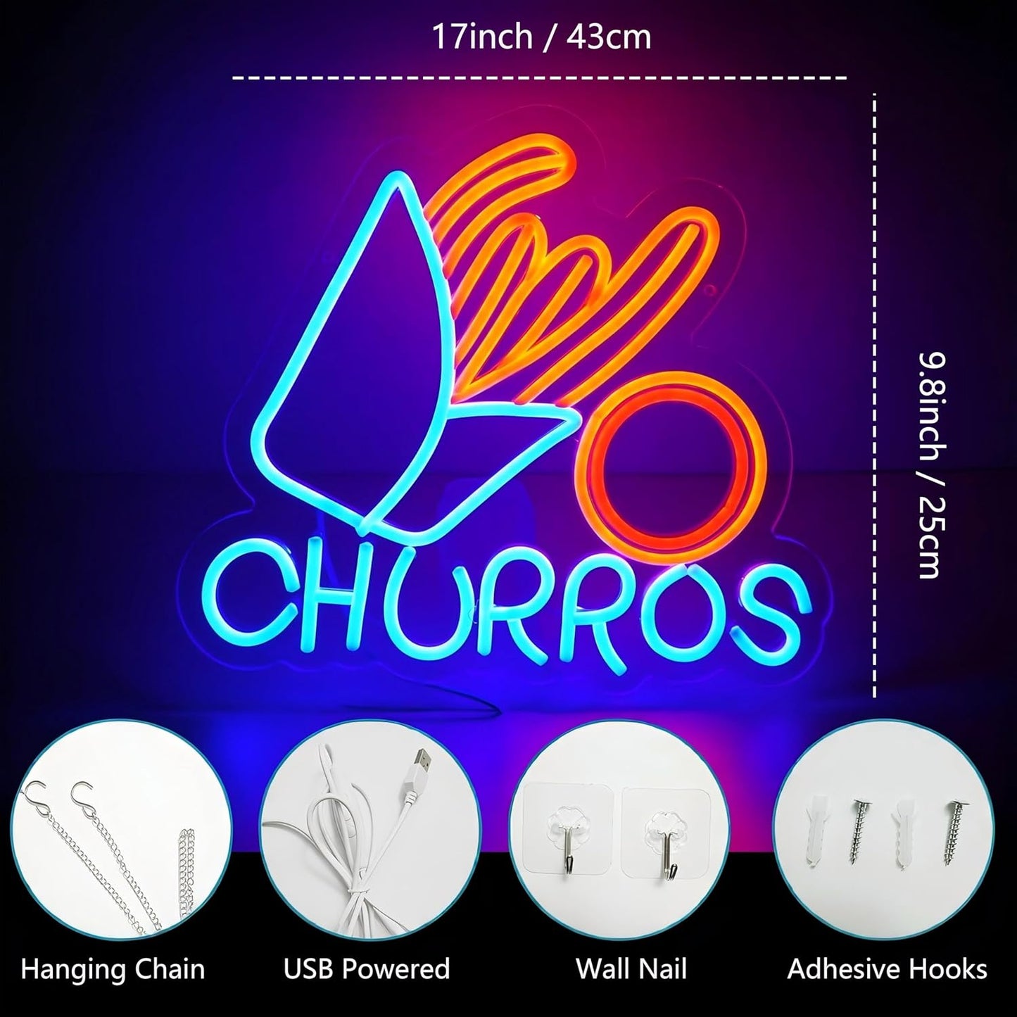 Letrero neón churros decoración tienda bar usb