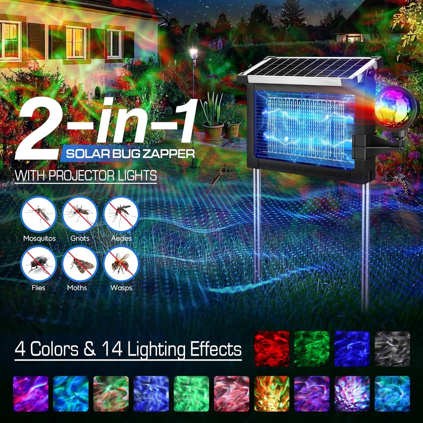 Exterminador solar de insectos con proyector de ondas de agua 4500V