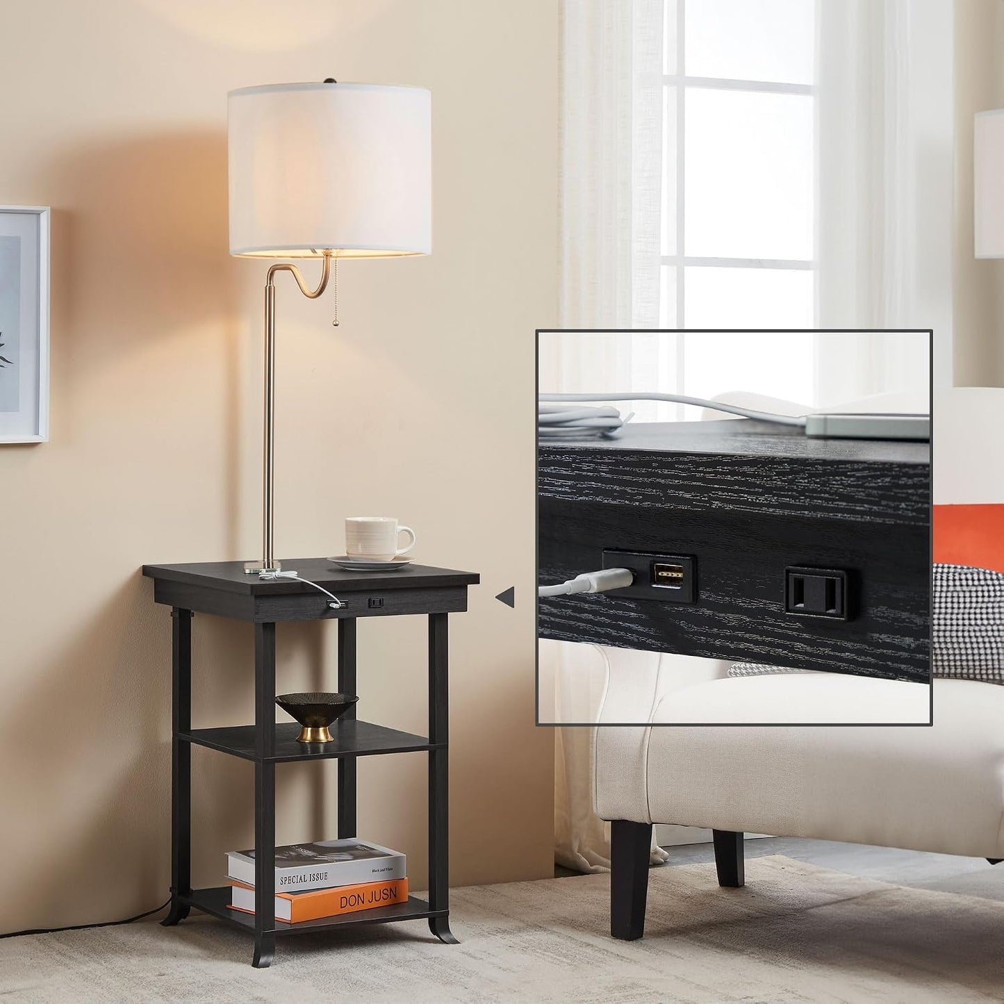 Mesa auxiliar con lámpara USB-C y carga LED moderna