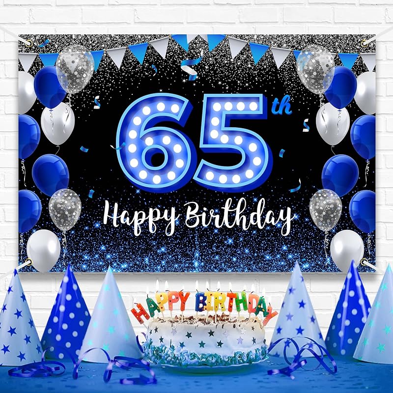 Cartel cumpleaños 65 color azul y negro con luz neón fiesta