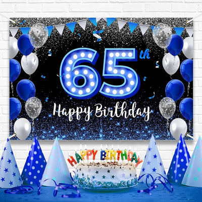 Cartel cumpleaños 65 color azul y negro con luz neón fiesta
