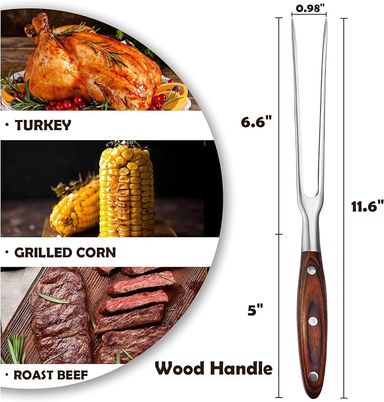 Tenedor acero inox 11.6pulg para asar y servir carne mango madera
