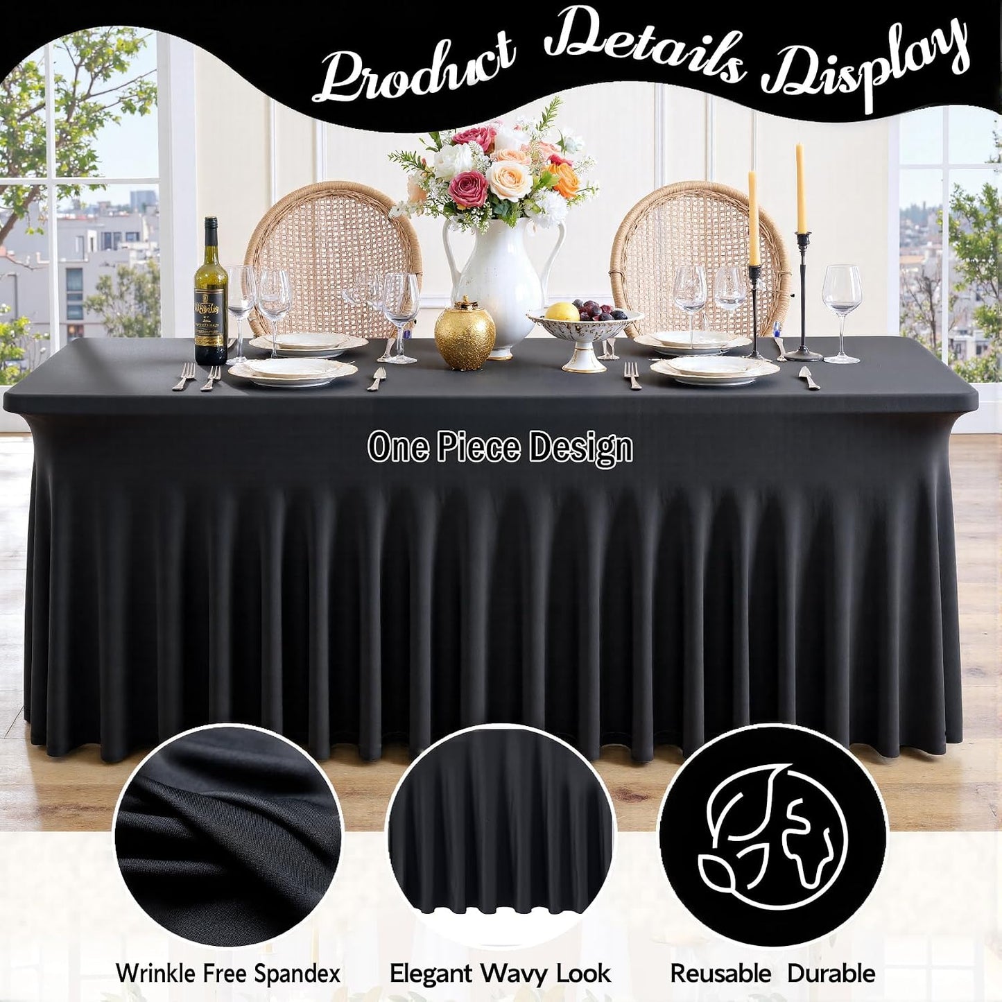 6 Manteles Spandex Negro 8ft para Mesa Rectangular Ajustable