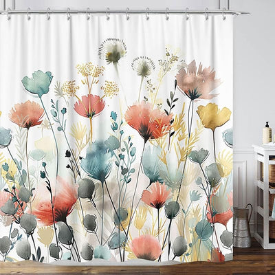 Cortina ducha botánica flores acuarela 72x84pulg azul