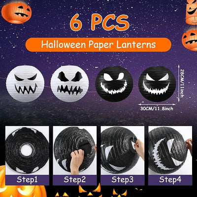 6 Faroles Halloween Colgantes 11.8x11pulg Blanco Negro