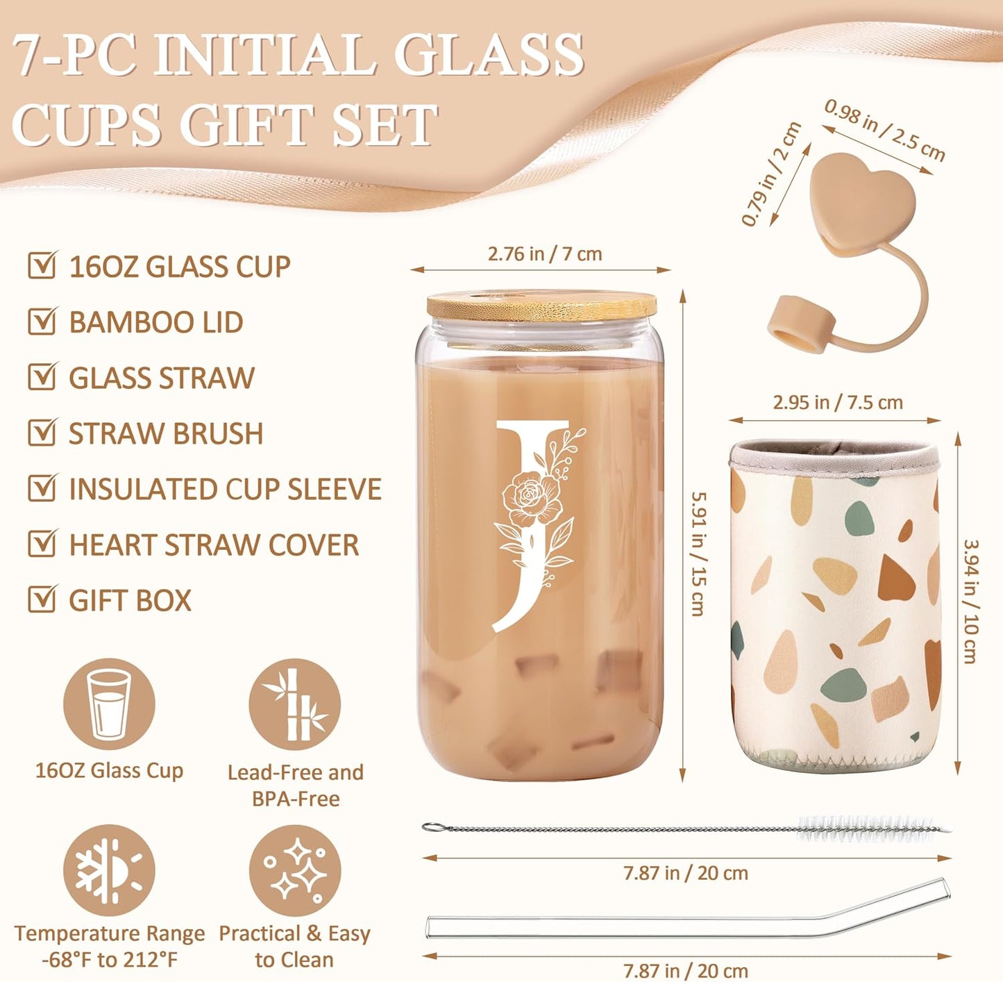 Taza vidrio personalizada con inicial 16oz tapa pajita