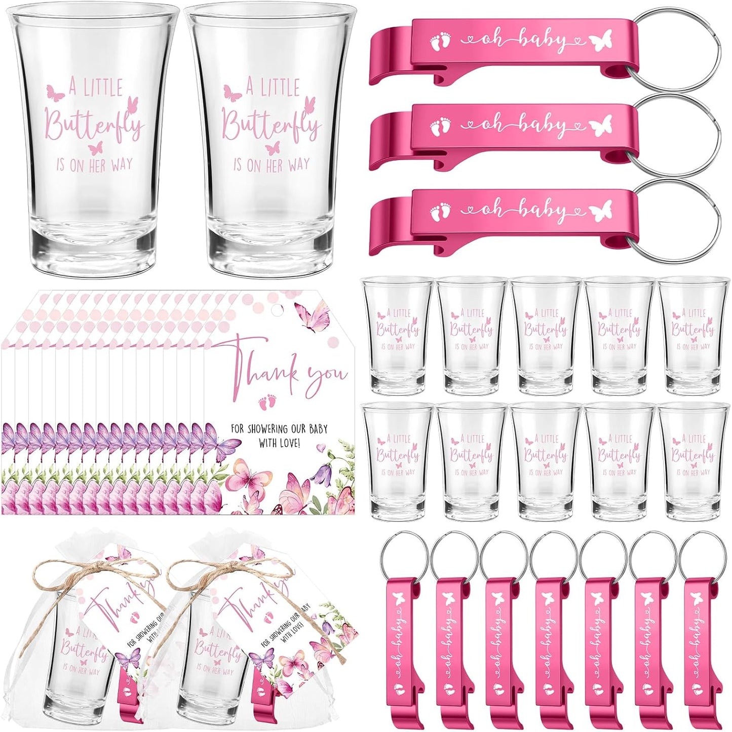 25 Vasos Chupito para Baby Shower con Llaveros y Etiquetas