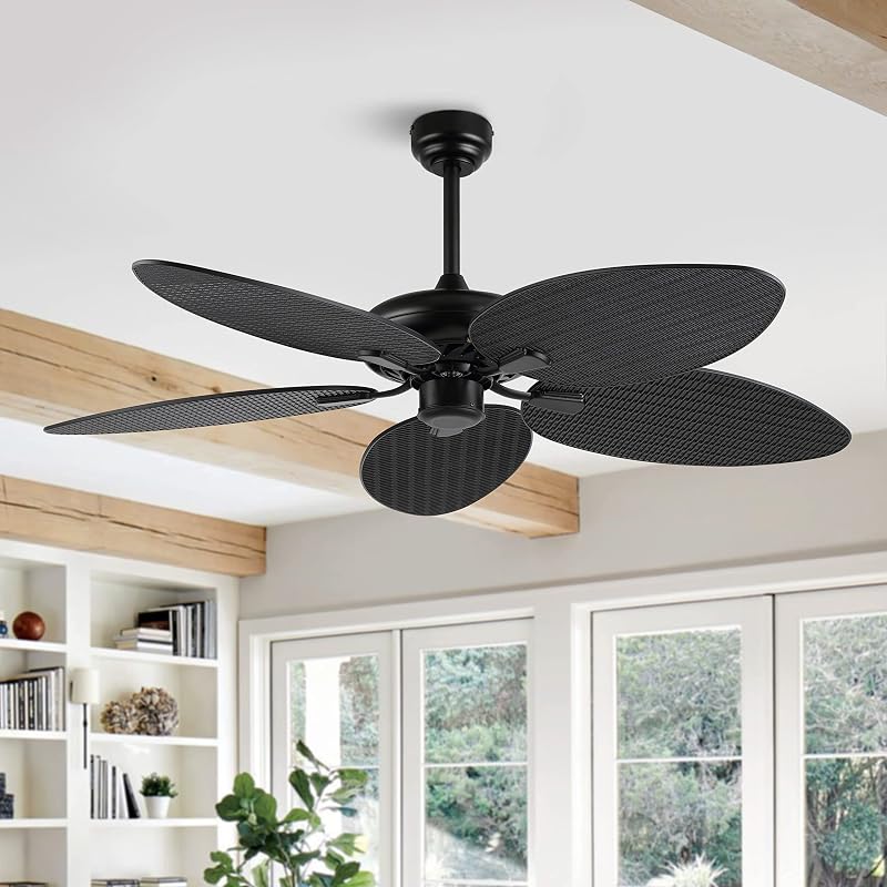Ventilador techo bohemio negro 6 vel. hoja palma control