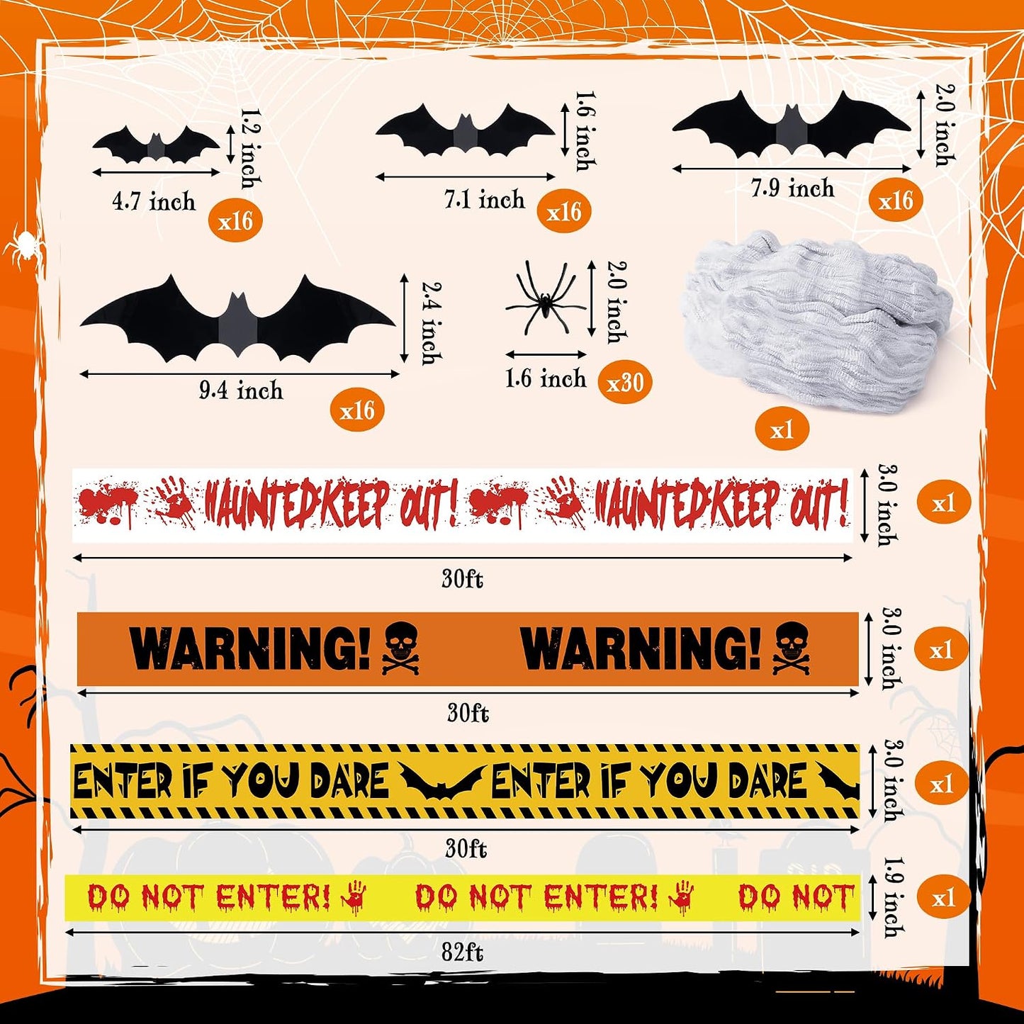 Kit decoración Halloween 99 pzas cinta telarañas arañas 3D
