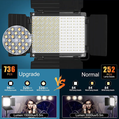 Luz video LED RGB Bluetooth 1000D PRO 736 cuentas para YouTube