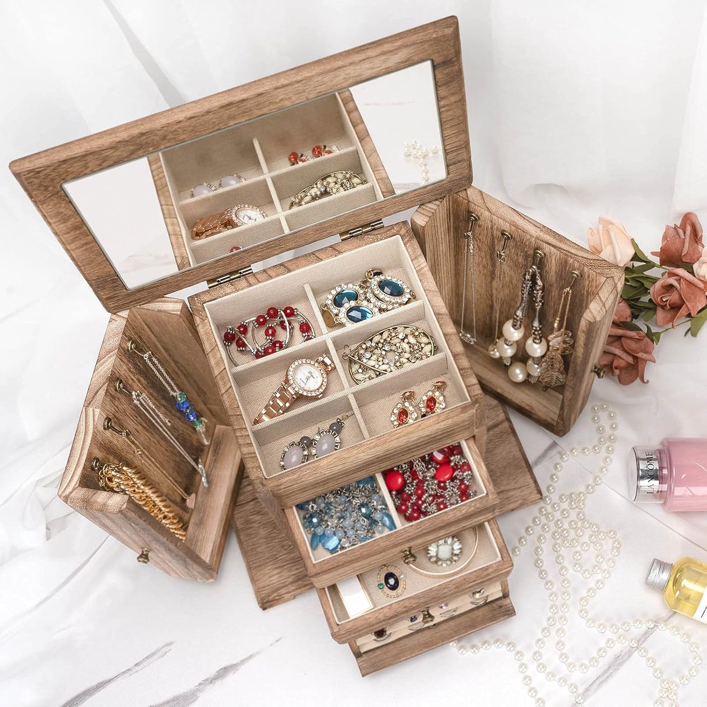 Caja joyas madera rústica con espejo 4 niveles marrón