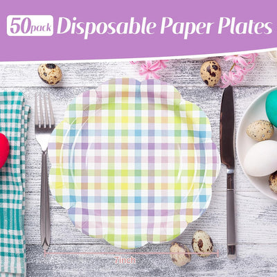 50 Platos Papel Festoneados 7pulg Cuadros Colores