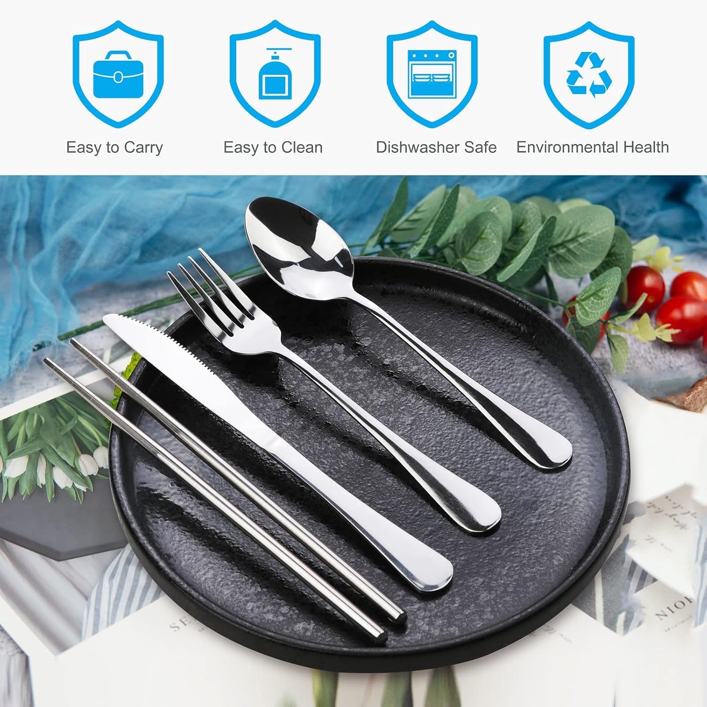 Set cubiertos acero inox viaje camping con estuche