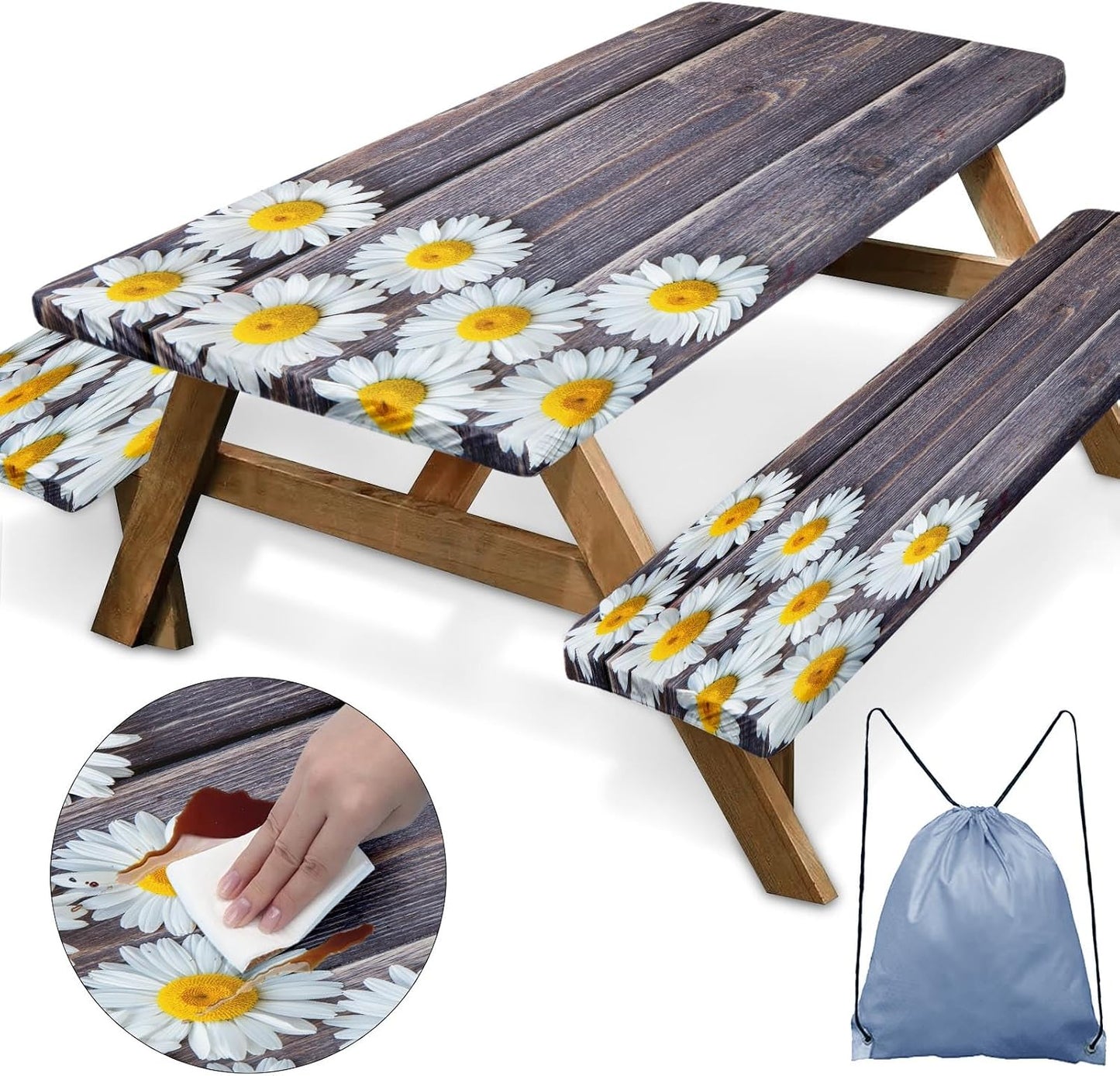 Funda mesa pícnic con bancos 96pulg set 3 flores manzanilla