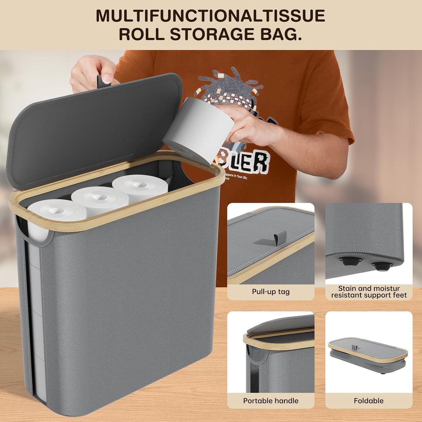 Cesta papel higiénico con tapa asa plegable 12-16 rollos