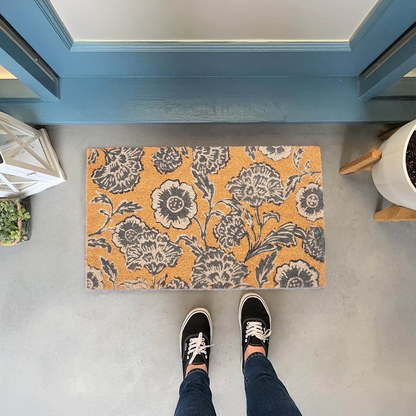 Tapete puerta fibra coco estampado floral antiderrap