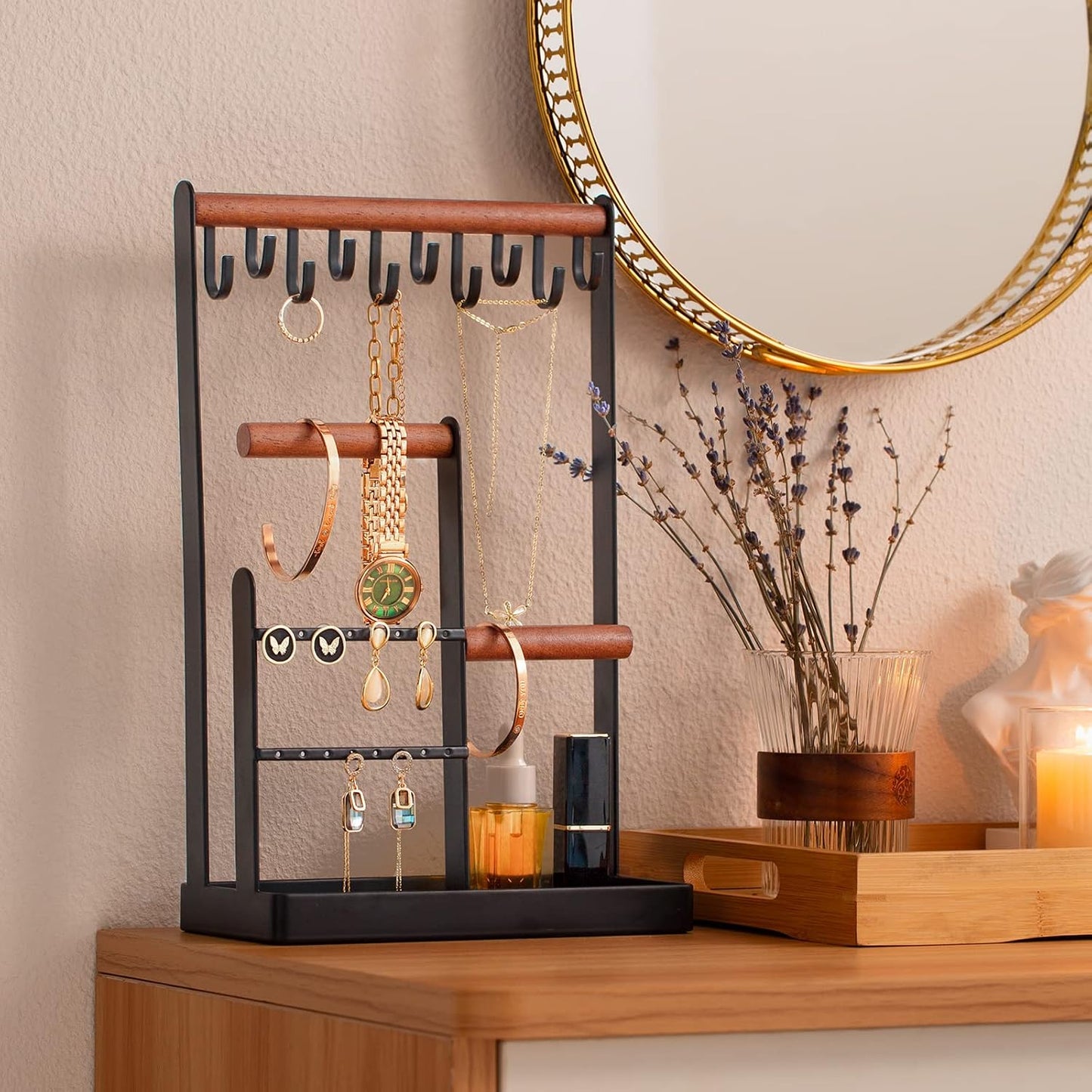 Soporte joyas 4 niveles con bandeja anillos y 10 ganchos