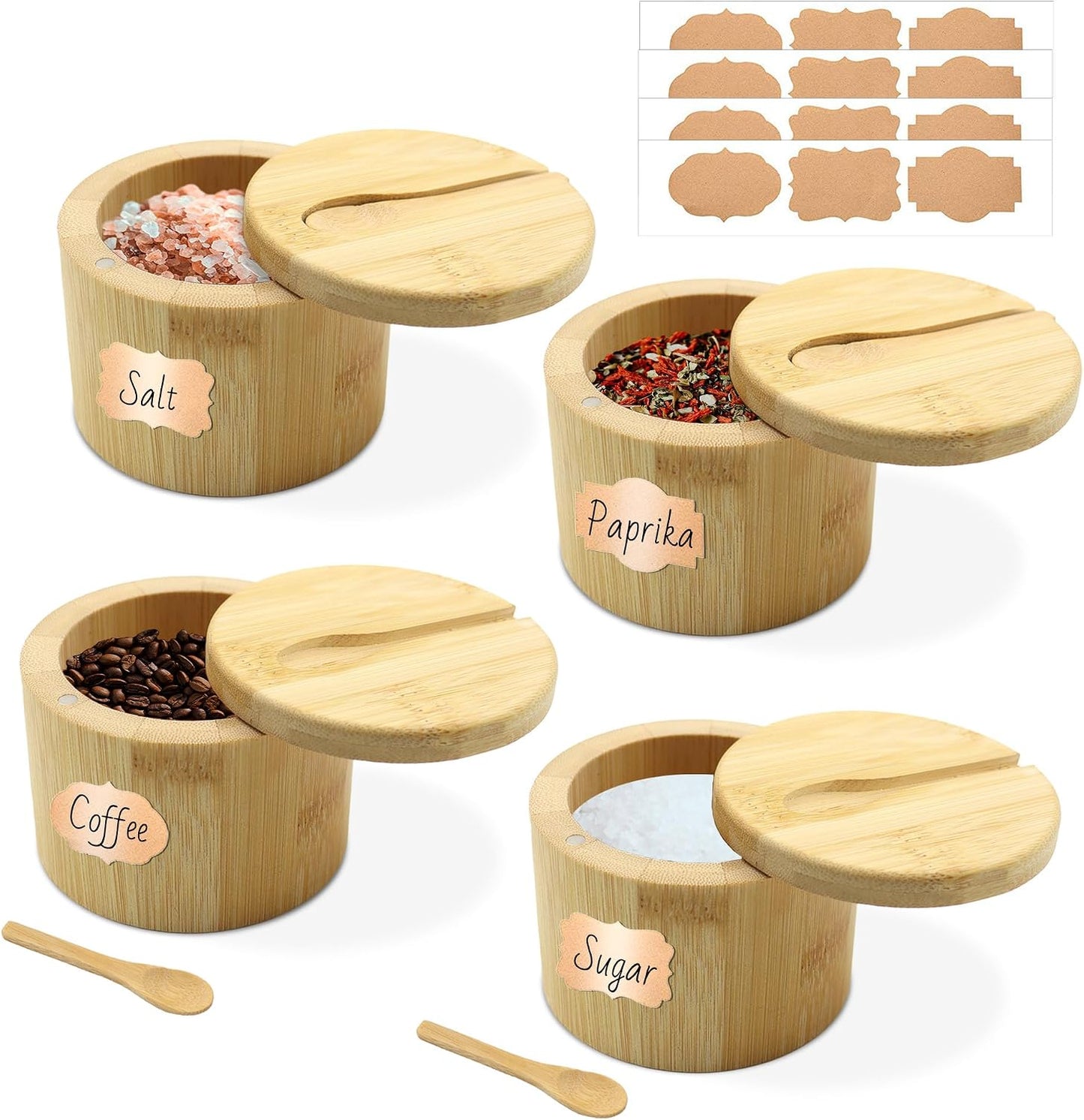 4 Recipientes Sal Bambú con Tapa Magnética y Cuchara