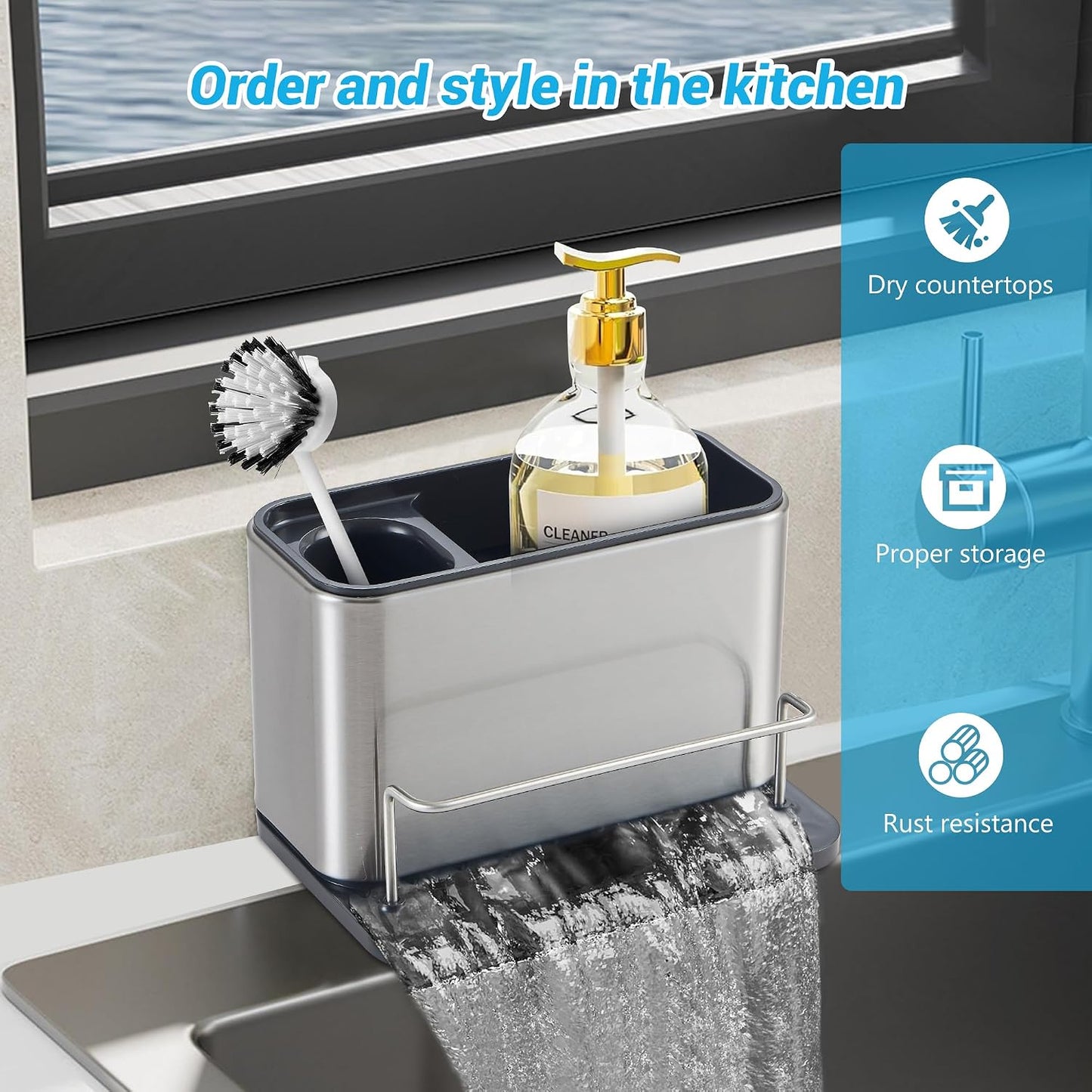 Organiz. fregadero acero inox compacto con compartimentos