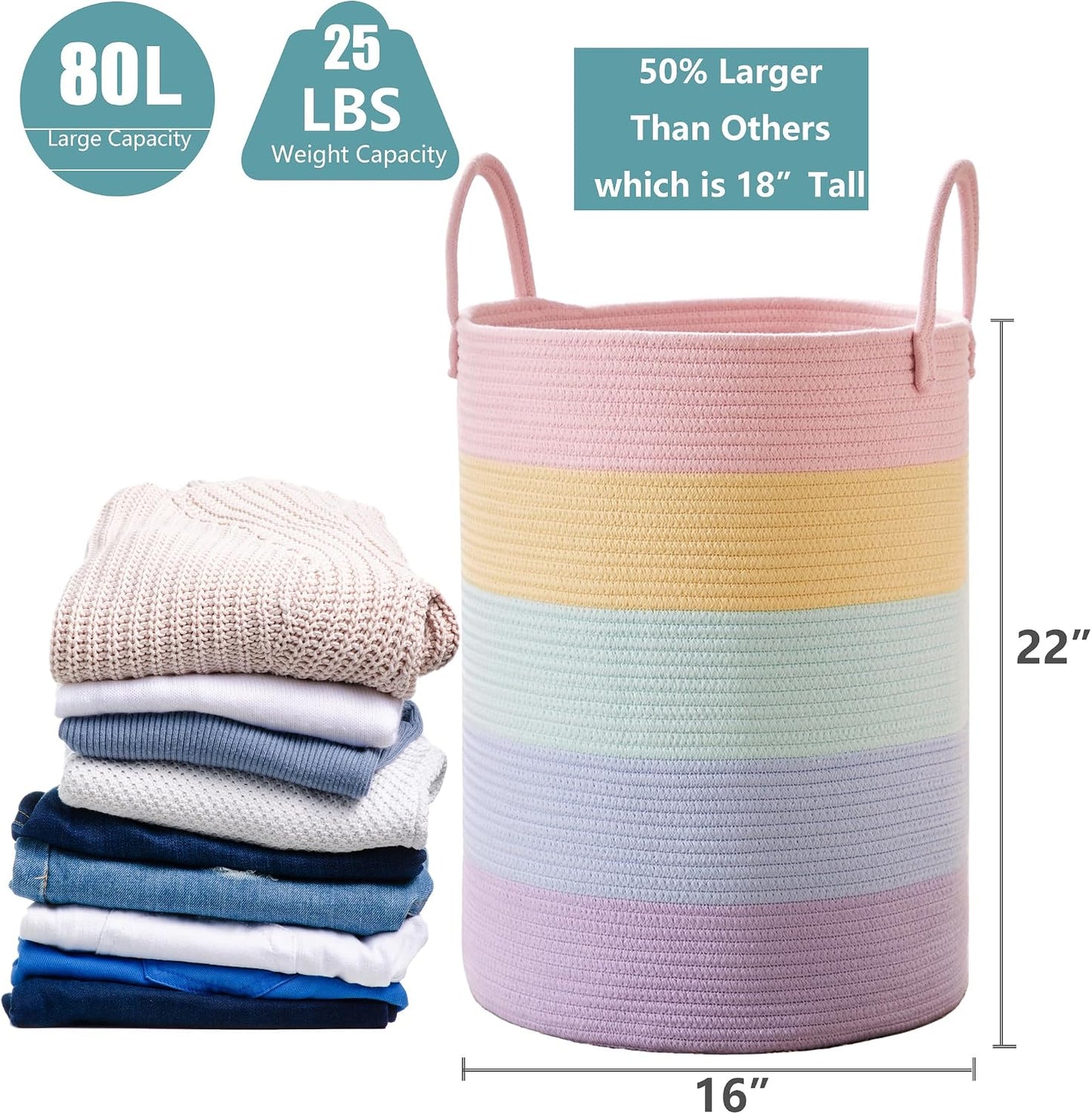 Cesta lavandería unicornio tejida para niñas pastel