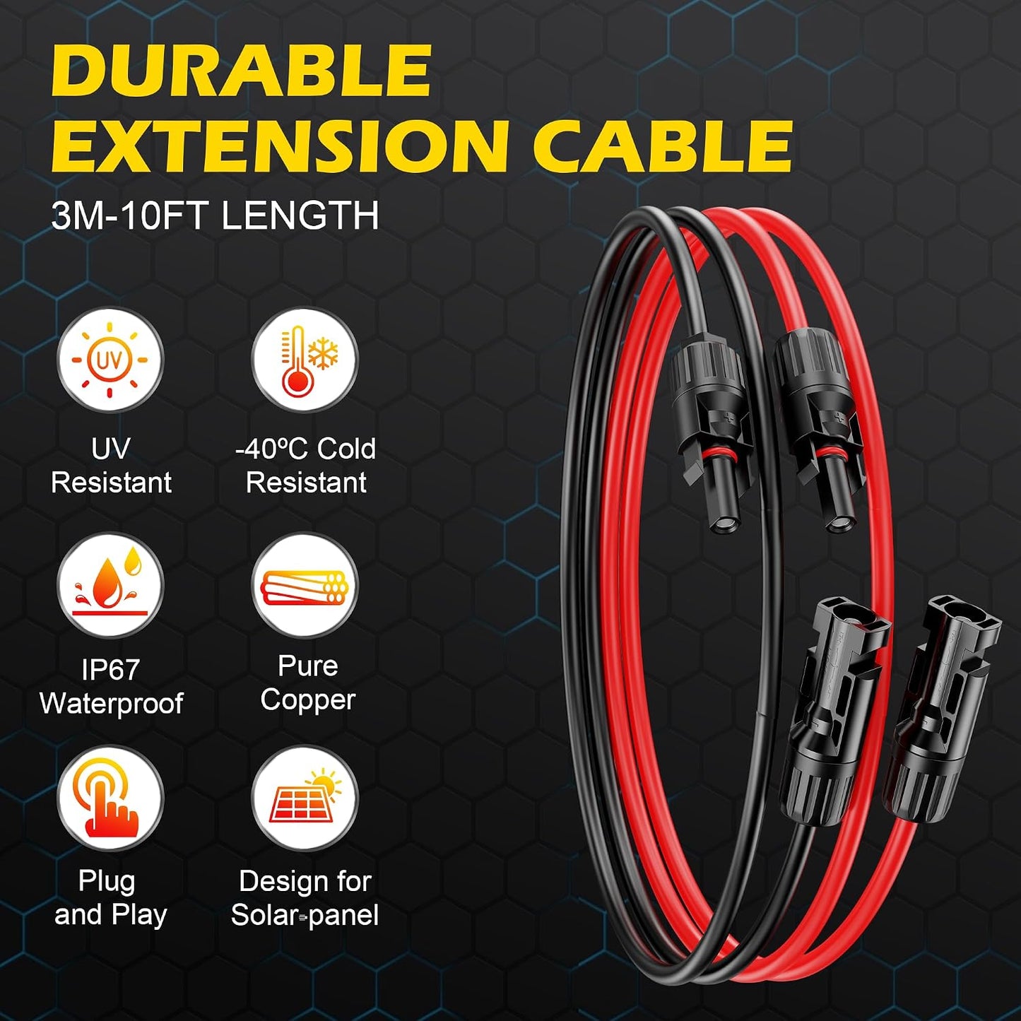 Cable extensión solar 10ft 10awg con conectores hembra y macho
