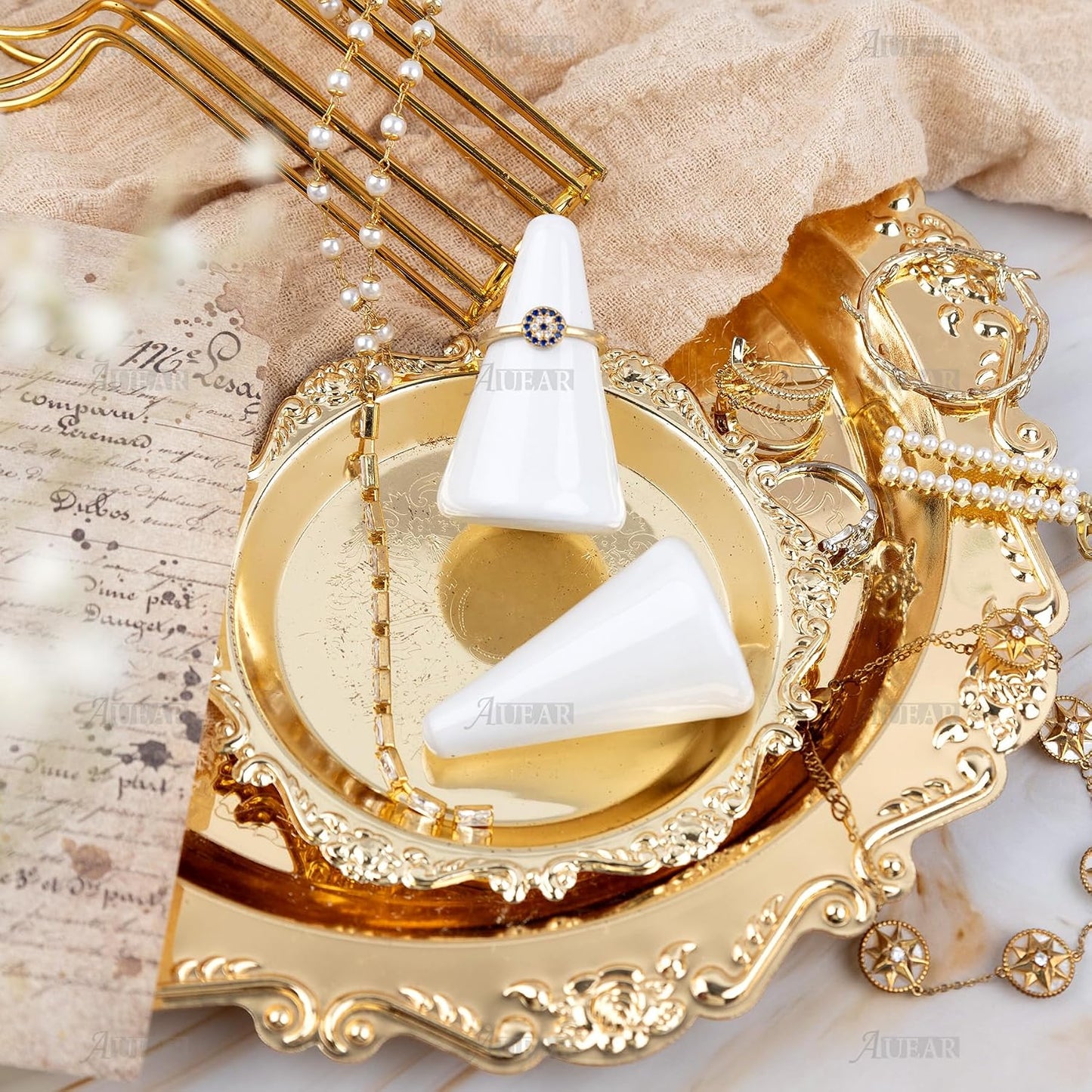 Soporte anillo cerámica torre joyería boda 2 pzas