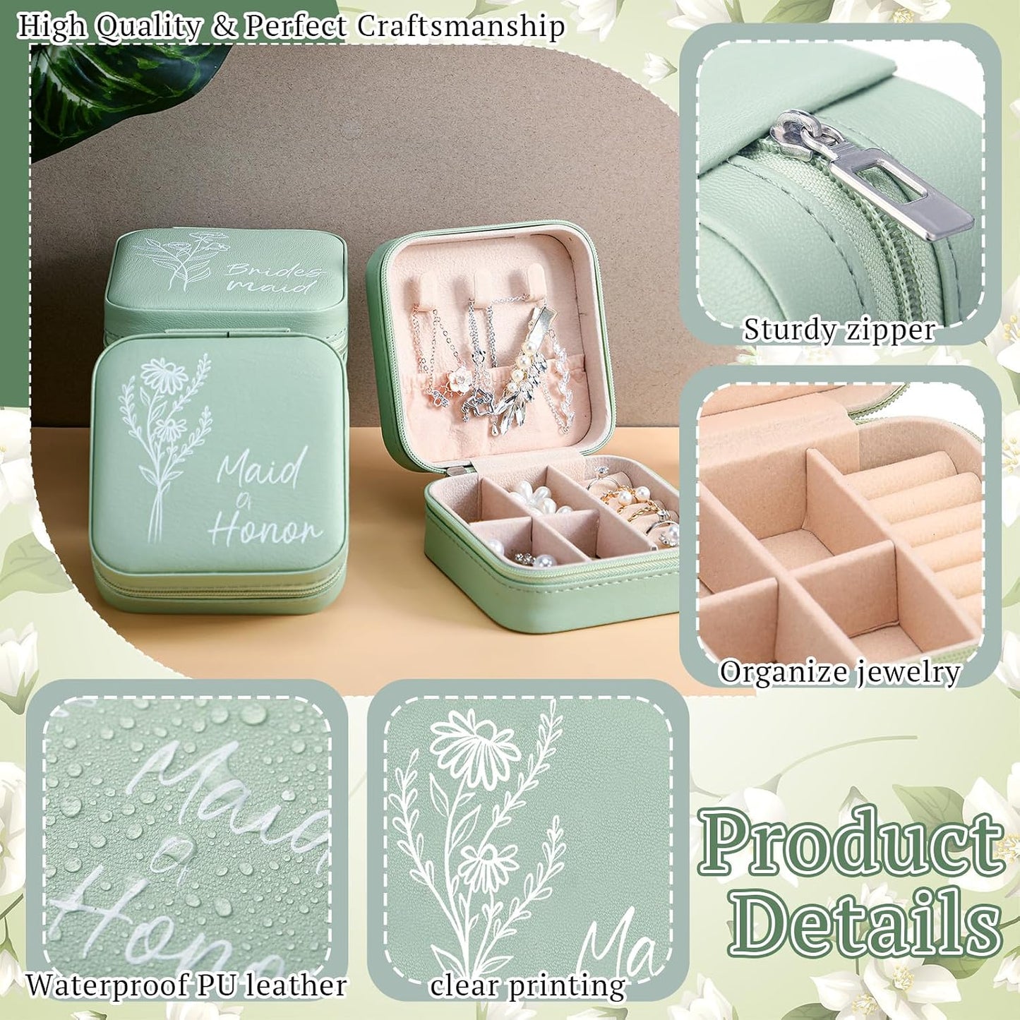 6 Set Regalos Dama Honor Joyas Viaje Caja Verde Salvia