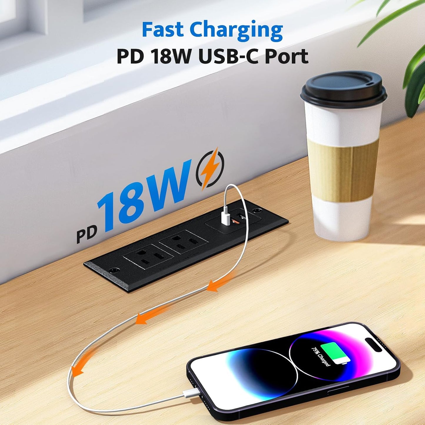 Regleta empotrada USB C carga rápida 2 salidas CA 3 puertos 6pies