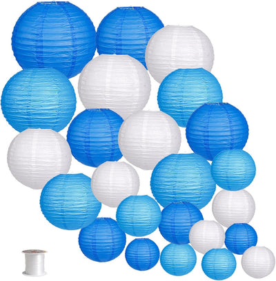 24 Linternas Papel Redondas Colgantes Boda Fiesta Azul Blanco