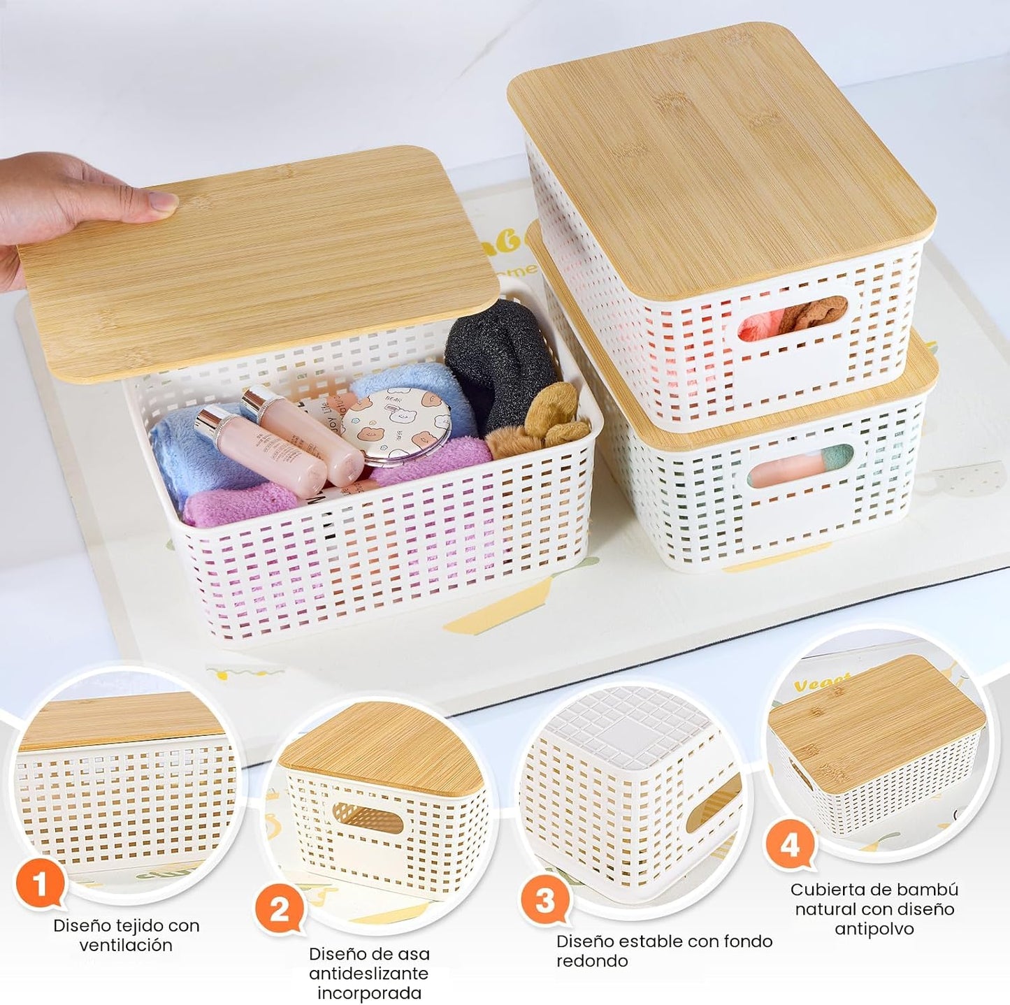 Cestas plástico con tapa bambú apilables para organizar