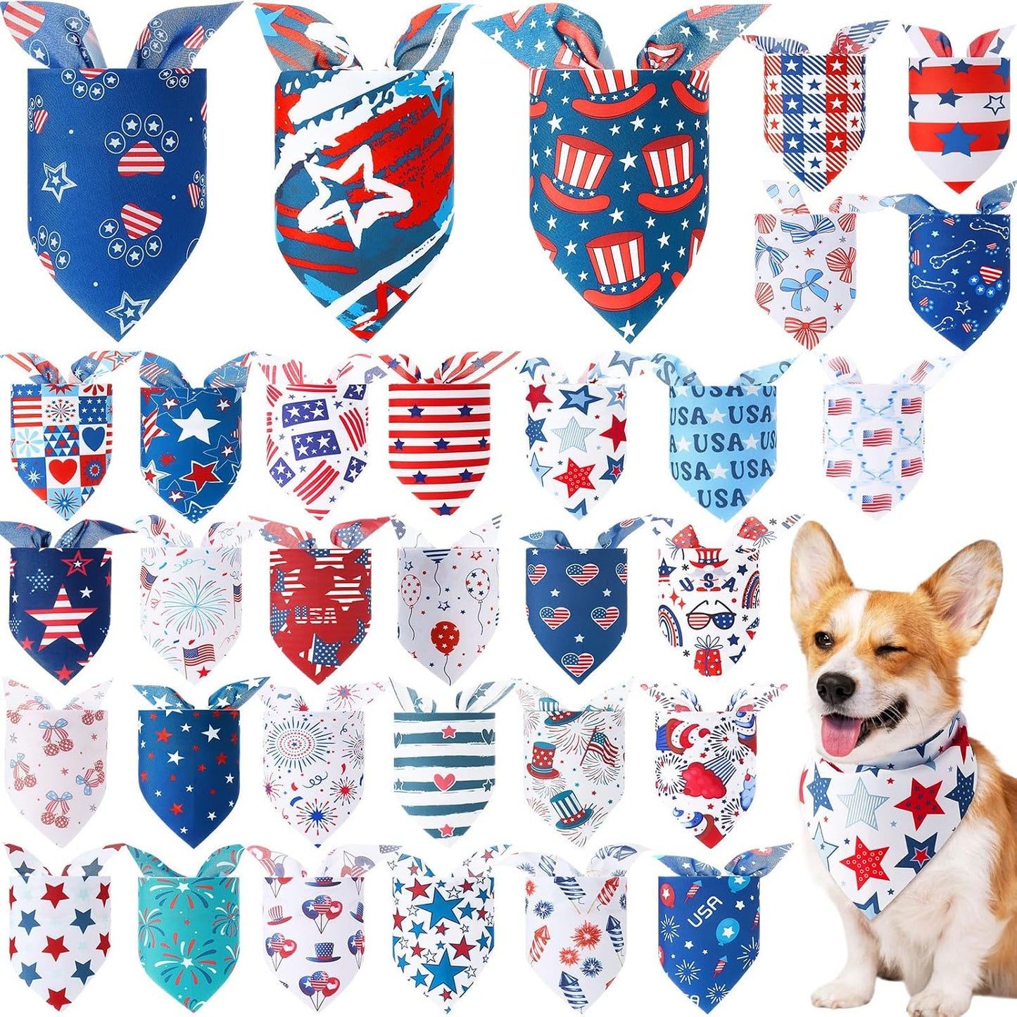 32 Bandanas Patrióticas para Perros Rojas Blancas Azules