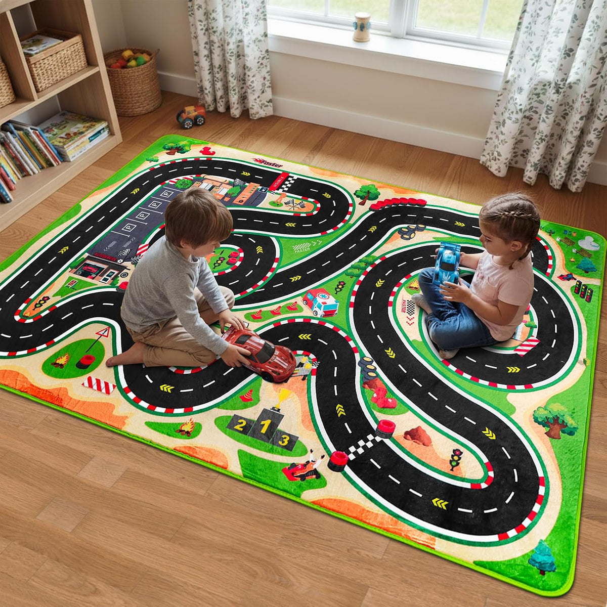 Alfombra juego niños carreras antideslizante 3.28x4.92pulg verde
