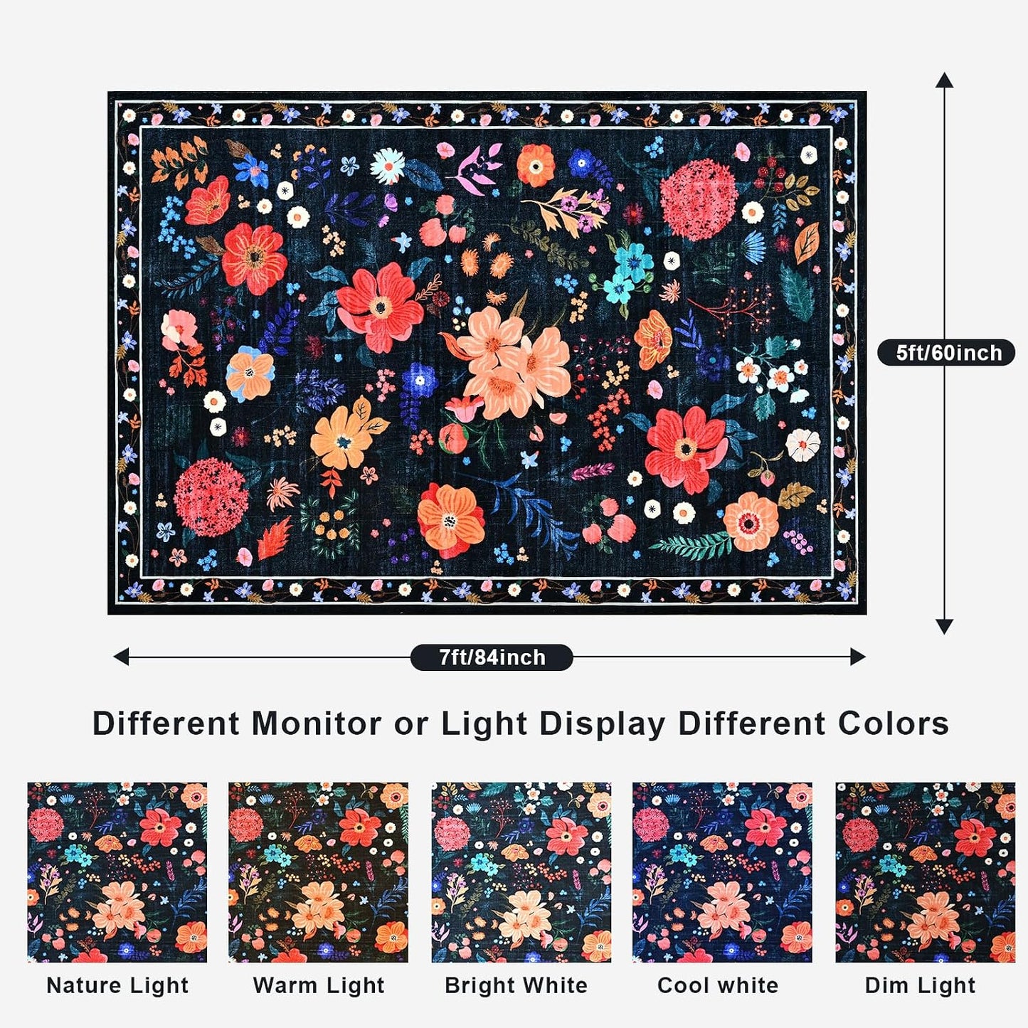 Alfombra Floral Sala 5x7ft Negro Boho Antiderrap