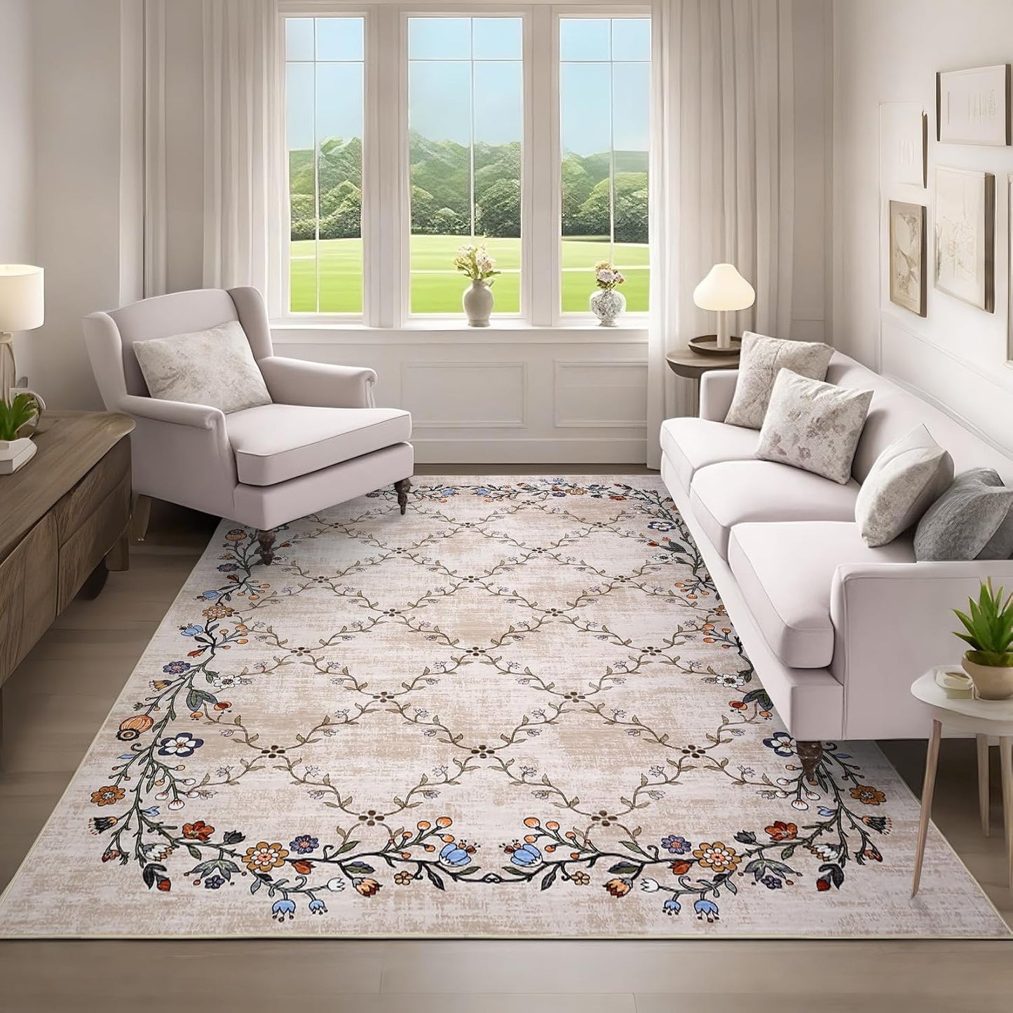 Alfombra floral lavable 4x6ft sala dormitorio antiderrap