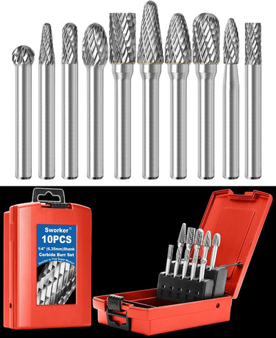 Set 10 Pzas Rebabas Carburo 1/4 Vástago Caja Roja