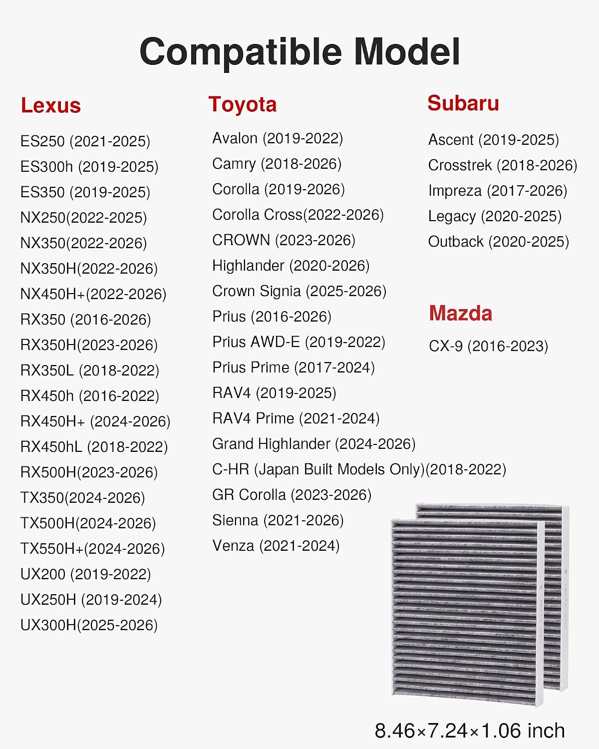 2 Filtros aire cabina carbón activado Lexus Mazda Subaru Toyota
