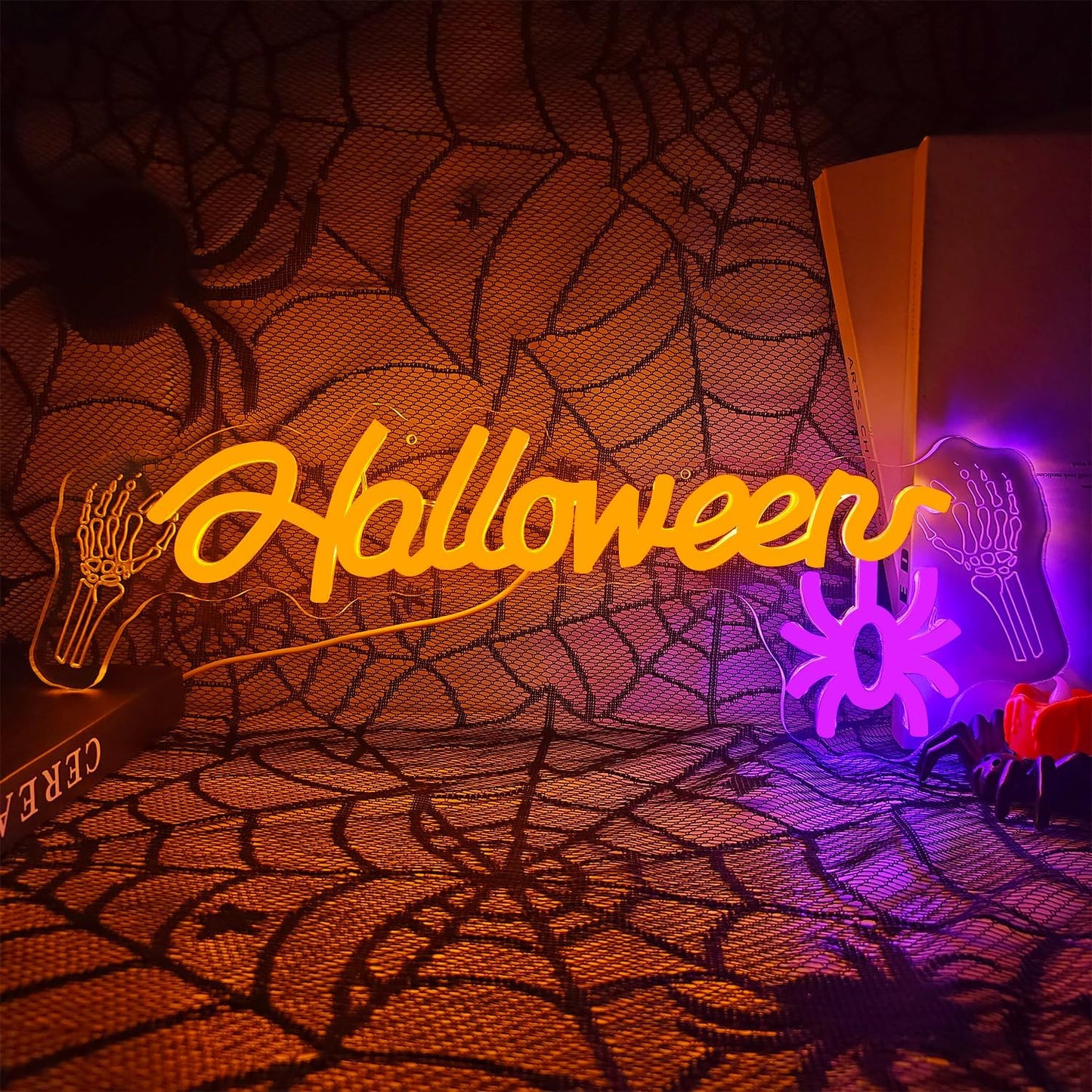 Letrero neón Halloween con luces araña y calavera para pared