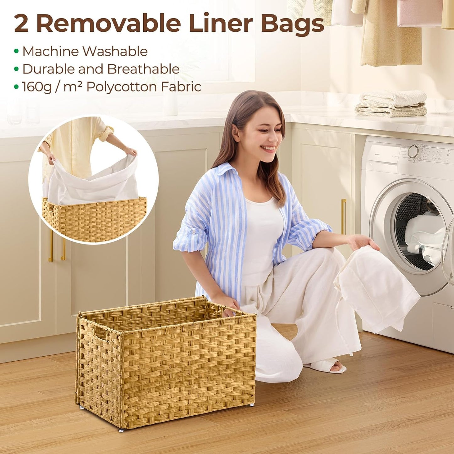 Cesta mimbre 65L plegable con forro metal dormitorio