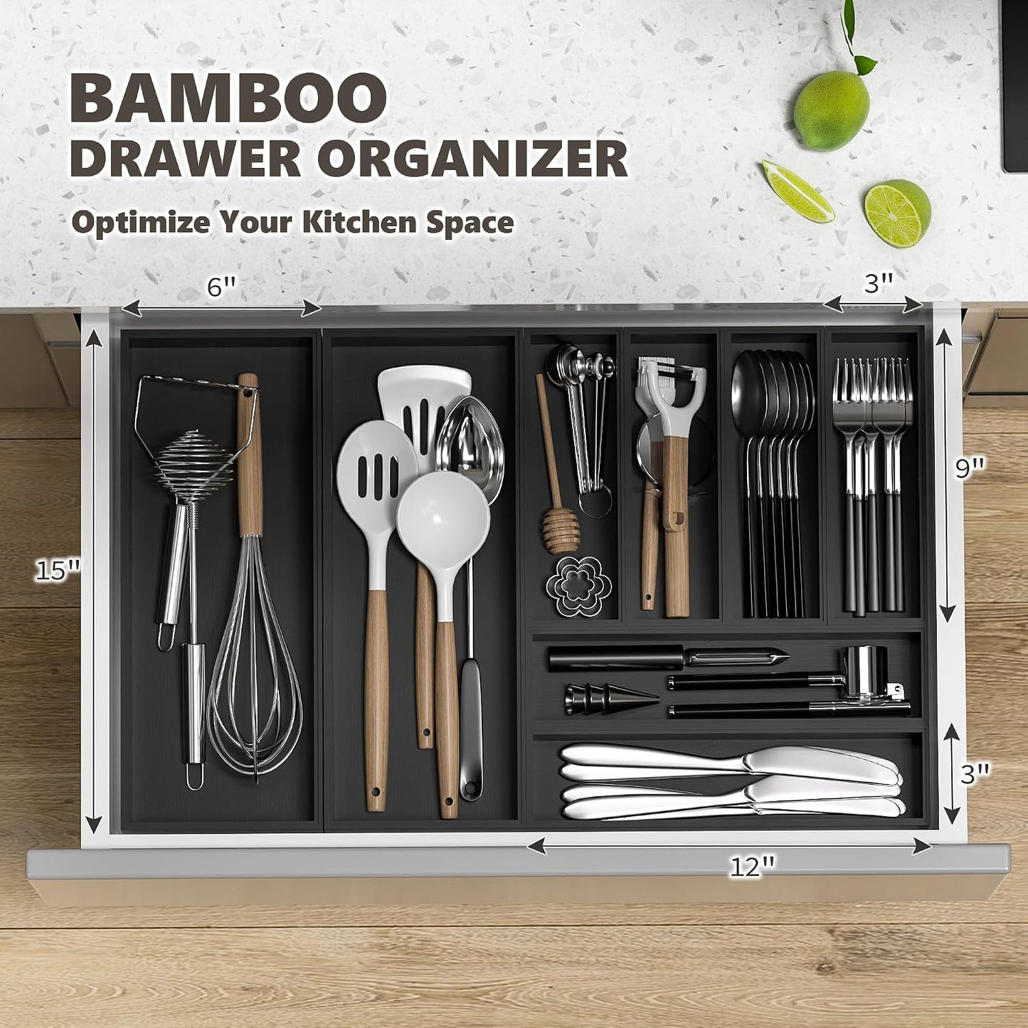 Organiz. cajones cocina bambú negro apilable cubiertos