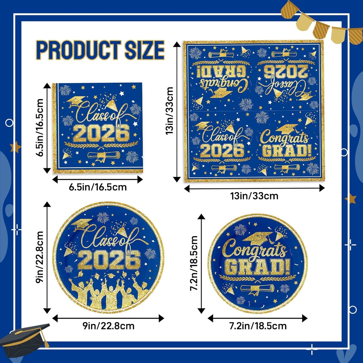 Set 100 Platos Servilletas Graduación Azul Dorado Clase 2026
