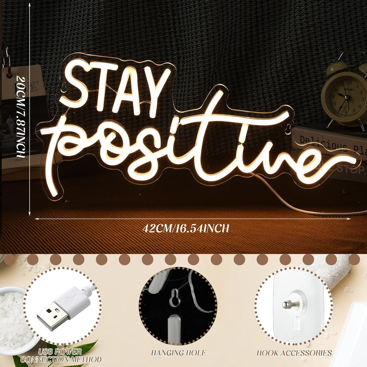 Letrero neón LED Stay Positive decoración pared habitación niña