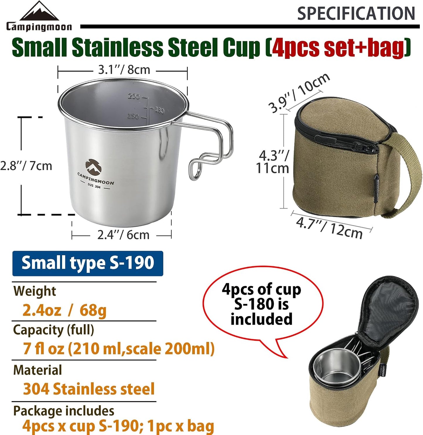 Taza acero inox 7oz con mango camping senderismo